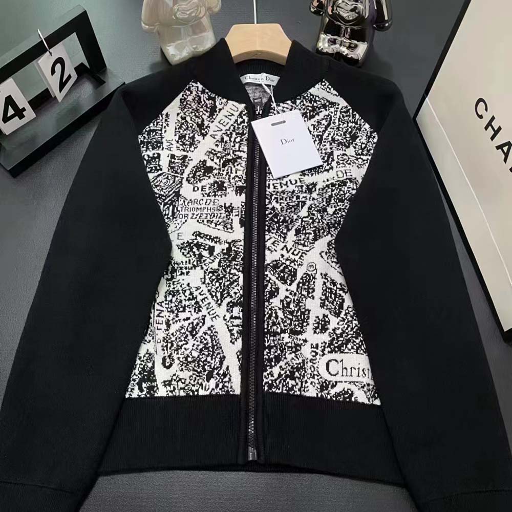 Dior - Cropped Bomber Jacket Black and White Technical Taffeta Jacquard with Plan de Paris Motif - Size 36 - Women