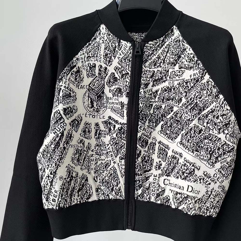 Dior - Cropped Bomber Jacket Black and White Technical Taffeta Jacquard with Plan de Paris Motif - Size 36 - Women