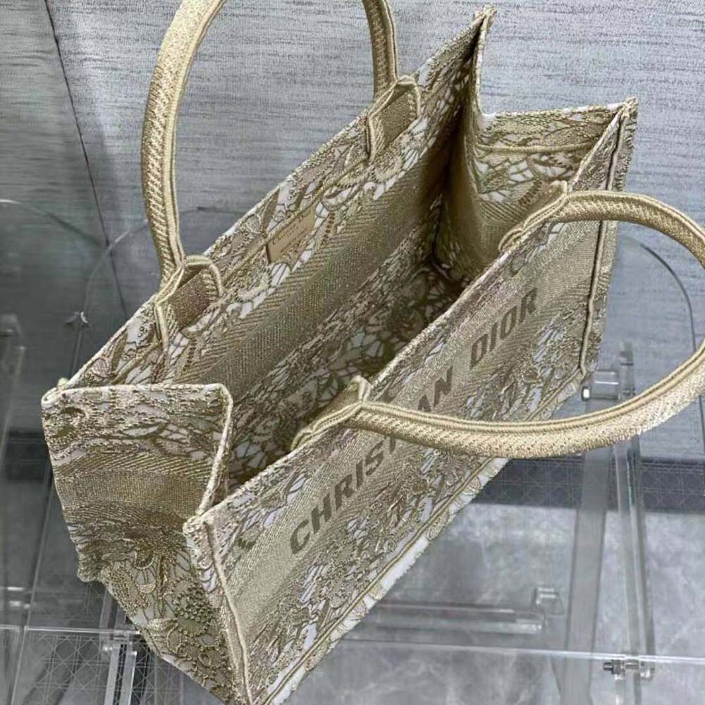 Medium Dior Or Dior Book Tote Gold-Tone D-Lace Embroidery with
