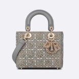 Dior Women Small Lady Dior Bag Gray Smooth Calfskin and Satin with Bead Embroidery