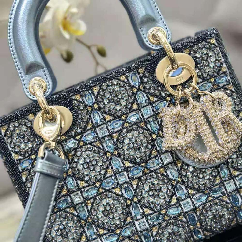 Mini Lady Dior Bag Metallic Calfskin and Satin with Celestial Blue Bead  Embroidery