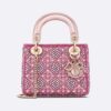 Dior Women Small Lady Dior Bag Metallic Calfskin and Satin with Rose Des Vents Resin Pearl Embroidery