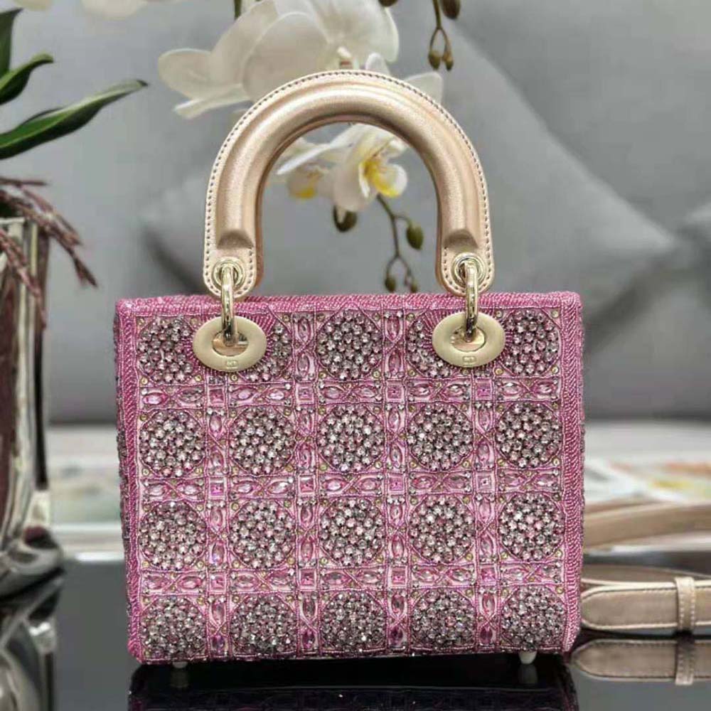 Dior Women Small Lady Dior Bag Metallic Calfskin and Satin with Rose Des Vents Resin Pearl Embroidery 3 Dior Women Small Lady Dior Bag Metallic Calfskin and Satin with Rose Des Vents Resin Pearl Embroidery - Image 3