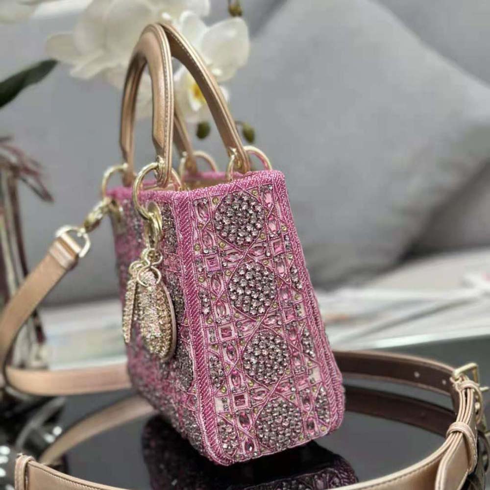 LADY DIOR MINIMetallic Calfskin and Satin with Rose Des Vents Pearl Em –  AuthenticFab