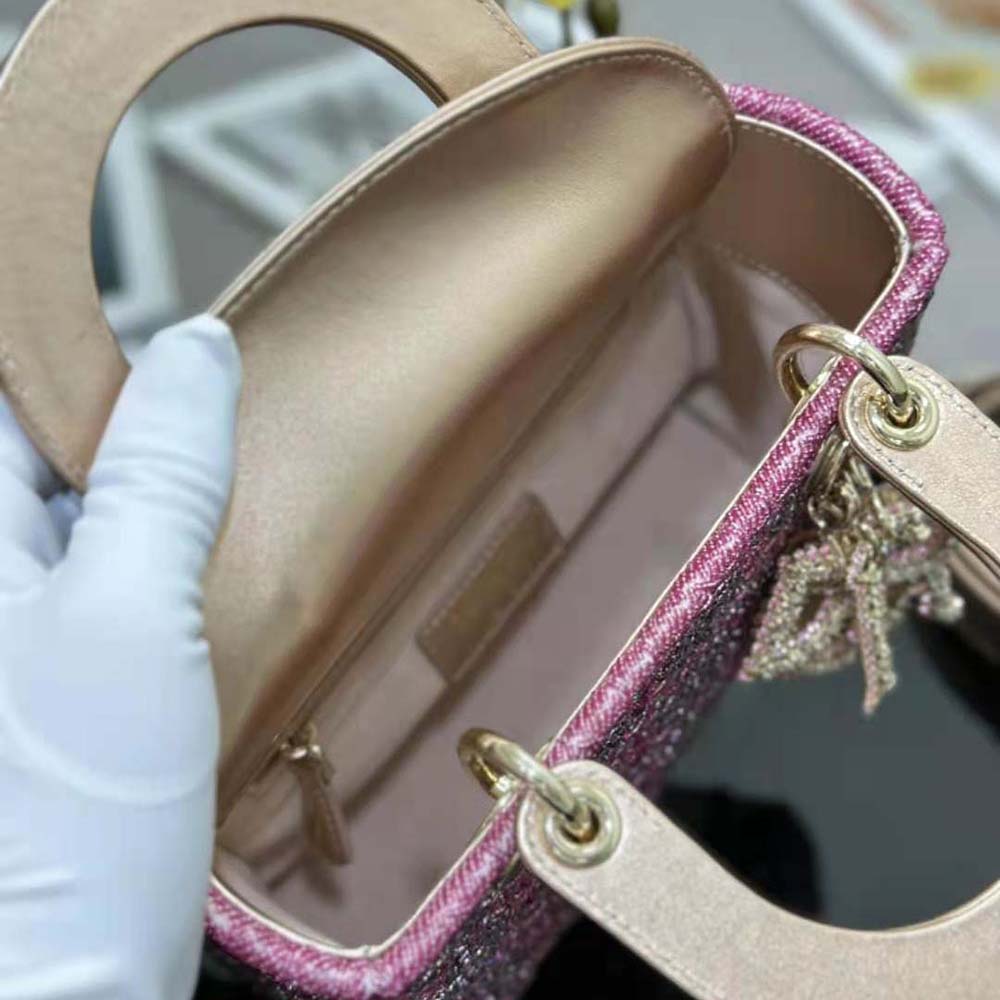 Dior Women Small Lady Dior Bag Metallic Calfskin and Satin with Rose Des Vents Resin Pearl Embroidery 9 Dior Women Small Lady Dior Bag Metallic Calfskin and Satin with Rose Des Vents Resin Pearl Embroidery - Image 9
