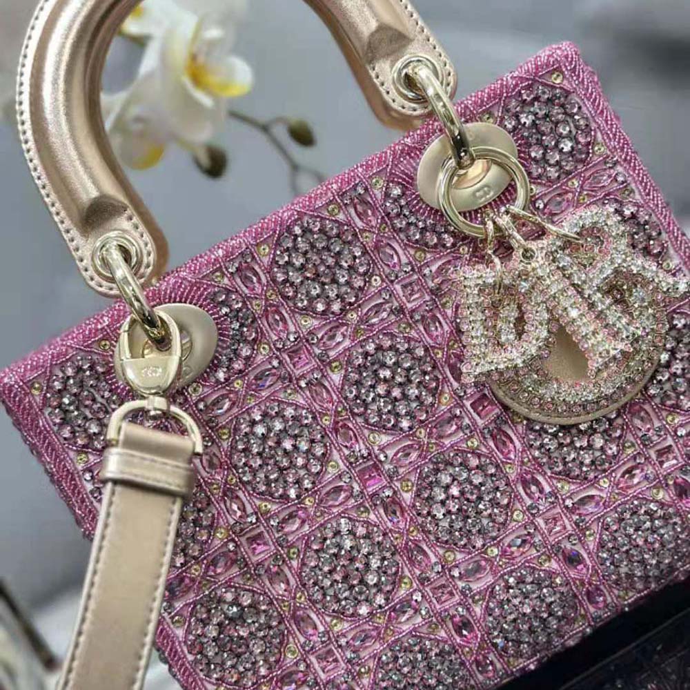 LADY DIOR MINIMetallic Calfskin and Satin with Rose Des Vents Pearl Em –  AuthenticFab