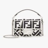 Fendi Women Baguette Mini White and Black Canvas Bag with FF Embroidery