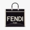 Fendi Women Sunshine Medium Canvas and Black Patent Leather Shopper Bag