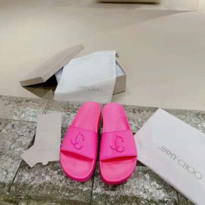 Jimmy Choo Women Port/F Neon Pink Rubber Slides with JC Monogram