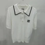 Miu Miu Women Knit Cotton Polo Shirt with Intarsia Logo-White