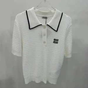Miu Miu Women Knit Cotton Polo Shirt with Intarsia Logo-White