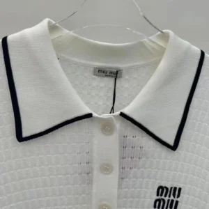 Miu Miu Women Knit Cotton Polo Shirt with Intarsia Logo-White