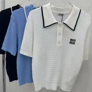 Miu Miu Women Knit Cotton Polo Shirt with Intarsia Logo-White