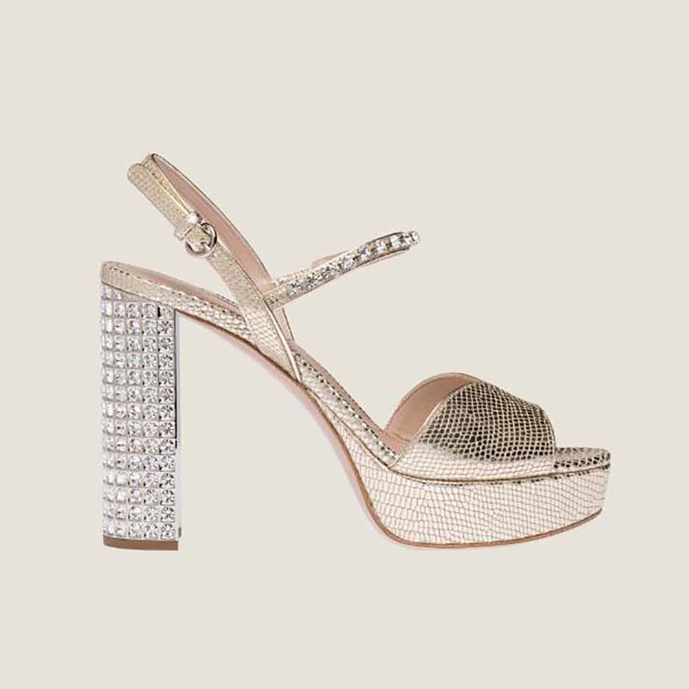 Miu Miu Women Lizard-print Leather Platform Sandals-Gold 1 Miu Miu Women Lizard-print Leather Platform Sandals-Gold