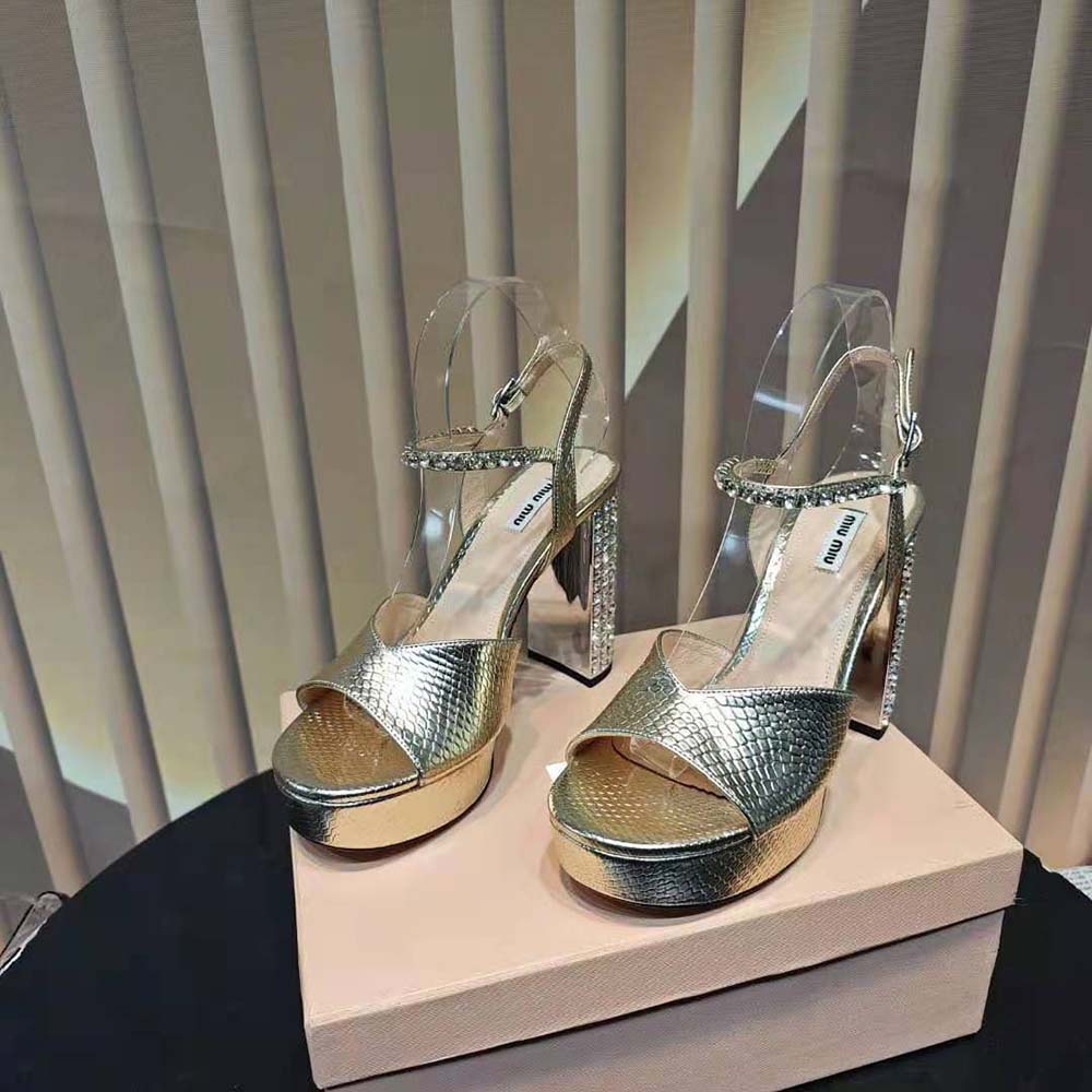 Miu Miu Women Lizard-print Leather Platform Sandals-Gold 4 Miu Miu Women Lizard-print Leather Platform Sandals-Gold - Image 4