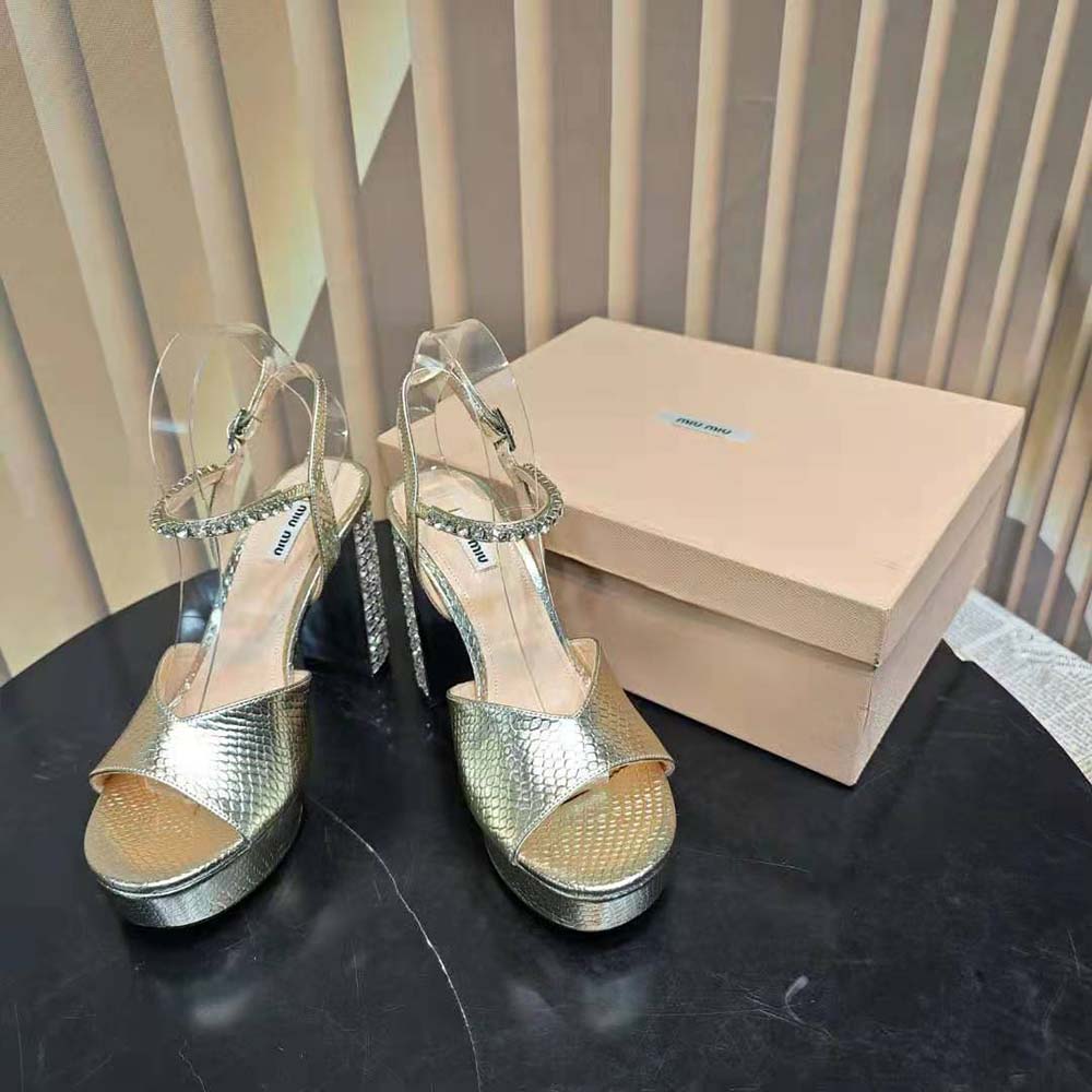 Miu Miu Women Lizard-print Leather Platform Sandals-Gold 3 Miu Miu Women Lizard-print Leather Platform Sandals-Gold - Image 3