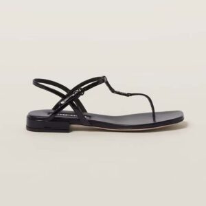 Miu Miu Women Patent Thong Sandals with Metal Lettering Logo-Black