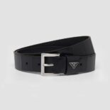 Prada Women Brushed Leather Belt with Enameled Metal Triangle Logo
