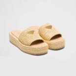 Prada Women Crochet Flatform Slides with Enameled Metal Triangle Logo-Beige