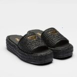 Prada Women Crochet Flatform Slides with Enameled Metal Triangle Logo-Black