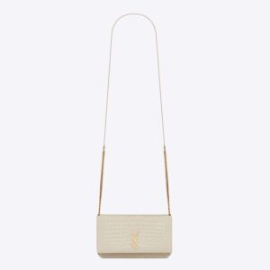Saint Laurent YSL Women Cassandre Phone Holder with Strap in Shiny Crocodile-Embossed Leather-White
