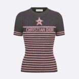 Dior Women Dioriviera Short-sleeved Sweater Gray and Pink Cotton Knit with Signature