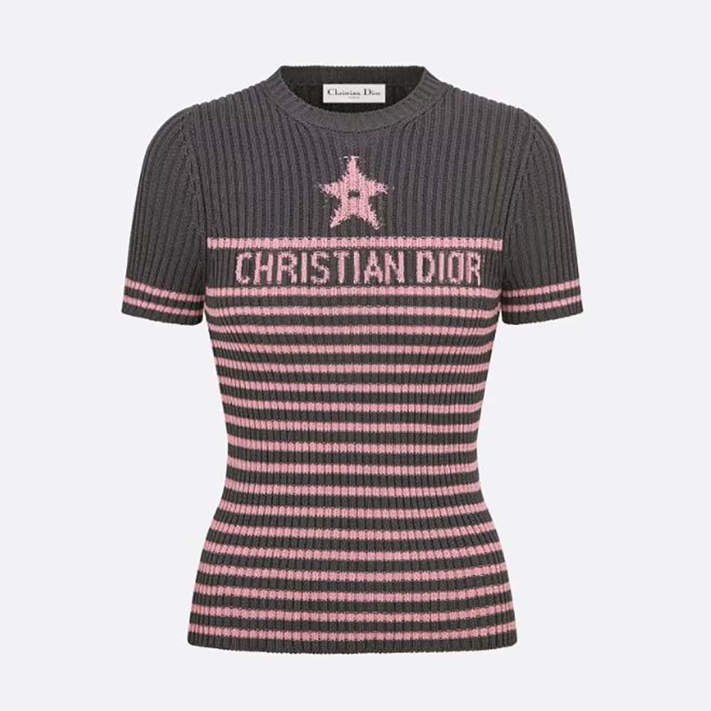 Dior Women Dioriviera Short-sleeved Sweater Gray and Pink Cotton Knit ...