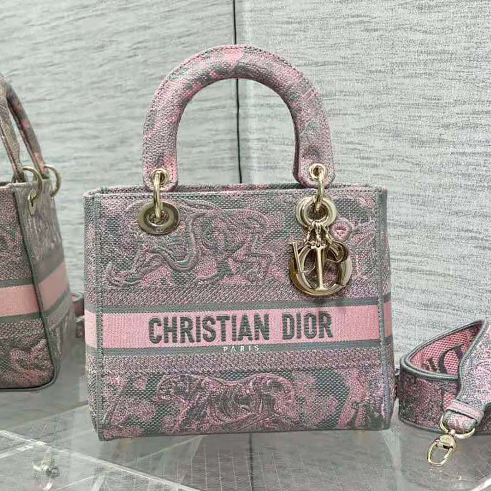 Dior - Medium Lady D-Lite Bag Gray and Pink Toile de Jouy Reverse Embroidery - Women