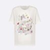 Dior Women T-shirt White Cotton and Linen Jersey with Red Multicolor Florilegio Motif