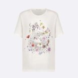 Dior Women T-shirt White Cotton and Linen Jersey with Red Multicolor Florilegio Motif
