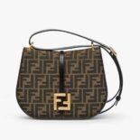 Fendi Women C’mon Medium Brown FF Jacquard Fabric and Leather Bag