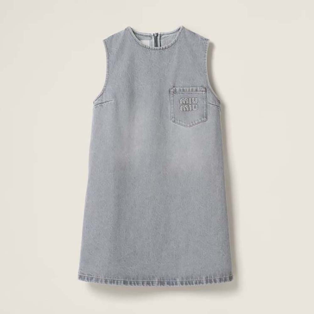 MIUMIU Cotton denim Logo checkered mini dress, sleeveless one piece blue 38