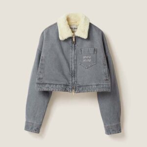 Miu Miu Women Embroidered Denim Blouson Jacket with Embroidered Logo