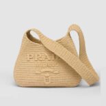 Prada Women Crochet Tote Bag with Embroidered Lettering Logo-Beige