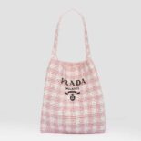 Prada Women Crochet Tote Bag with Embroidered Lettering Logo-Pink