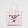 Prada Women Small Crochet Tote Bag with Embroidered Lettering Logo-Pink