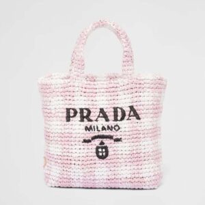 Prada Women Small Crochet Tote Bag with Embroidered Lettering Logo-Pink