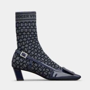 Roger Vivier Women Belle Vivier Sock Lacquered Buckle Ankle Boots in Patent Leather-Blue