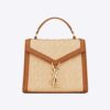 Saint Laurent YSL Women Cassandra Mini Top Handle Bag in Raffia and Vegetable-tanned Leather