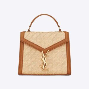 Saint Laurent YSL Women Cassandra Mini Top Handle Bag in Raffia and Vegetable-tanned Leather