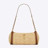 Saint Laurent YSL Women Cassandre Small Cylindric Bag in Raffia and Vegetable-tanned Leather