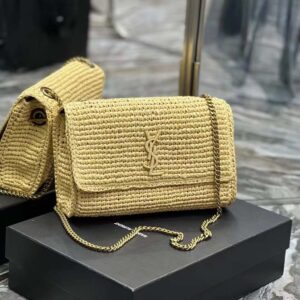 Saint Laurent YSL Women Kate Medium Supple Chain Bag in Raffia-Beige