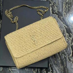 Saint Laurent YSL Women Kate Medium Supple Chain Bag in Raffia-Beige