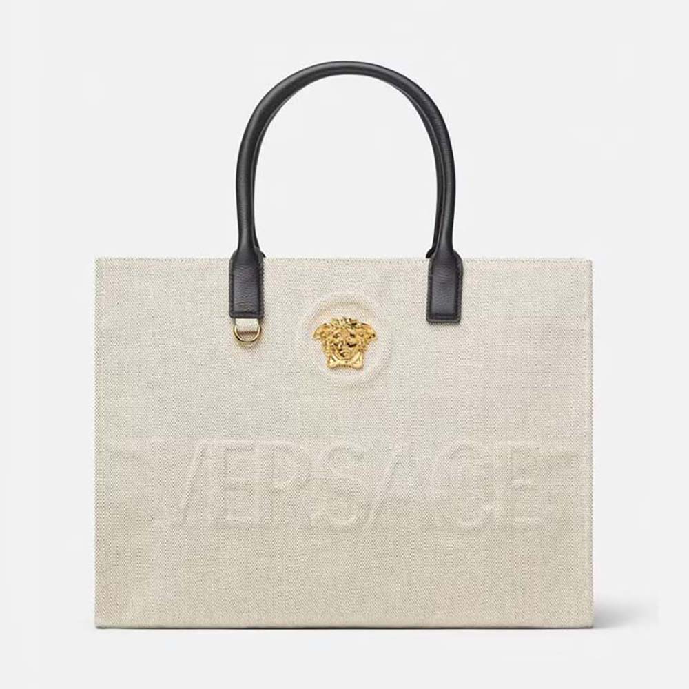 Versace Women La Medusa Canvas Large Tote Bag-Beige