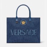 Versace Women La Medusa Denim Large Tote Bag-Blue