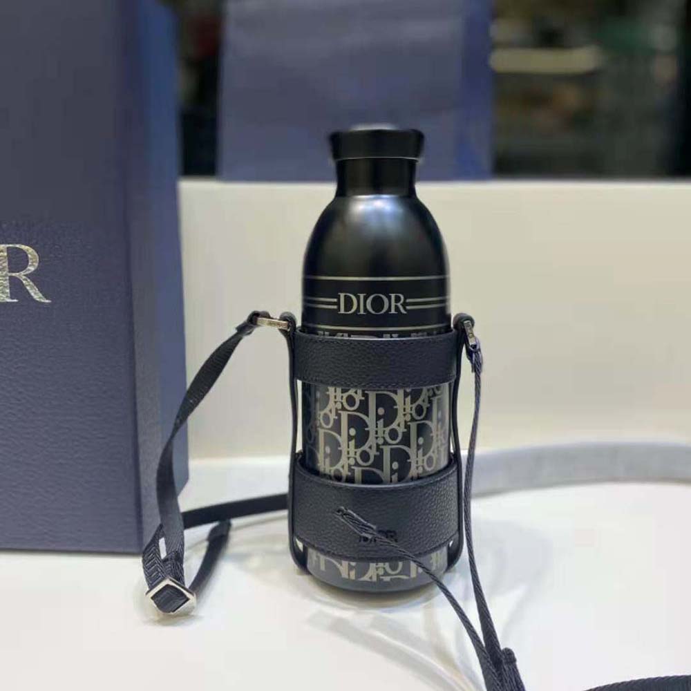 Dior Aqua Bottle with Shoulder Strap Black Grained Calfskin and Dior  Oblique Stainless Steel