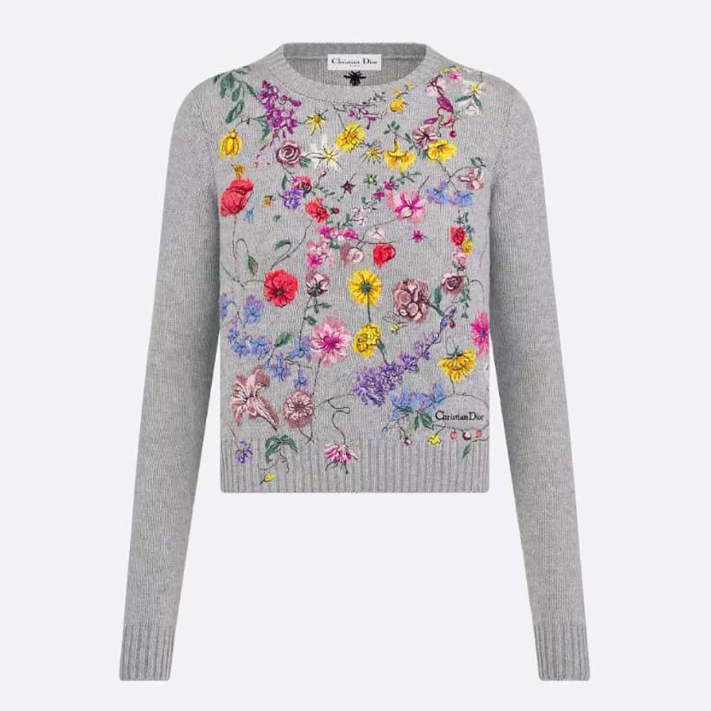 Dior Women Embroidered Sweater Gray Cashmere Knit with Red Multicolor  Florilegio Motif