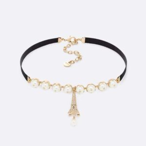 Dior Women Plan De Paris Choker Gold-Finish Metal with Black Grosgrain and White Resin Pearls