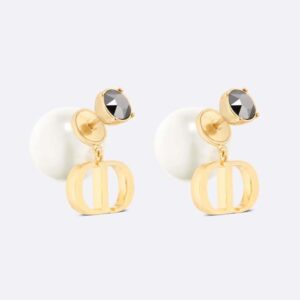 Dior Women Tribales Earrings Gold-Finish Metal with White Resin Pearls and Hematite-Colored Crystals