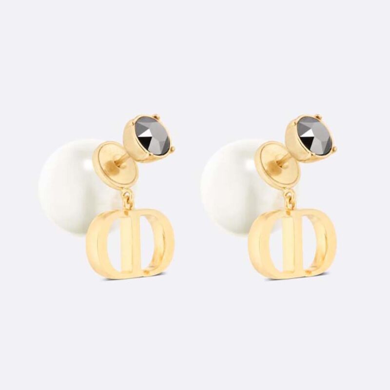 Dior Women Tribales Earrings Gold Finish Metal With White Resin Pearls And Silver Tone Crystals 7680